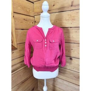 Pink Silk Blouse Mother Pearl Buttons Utility‎ Pocket Smocked Hem Medium Vintage